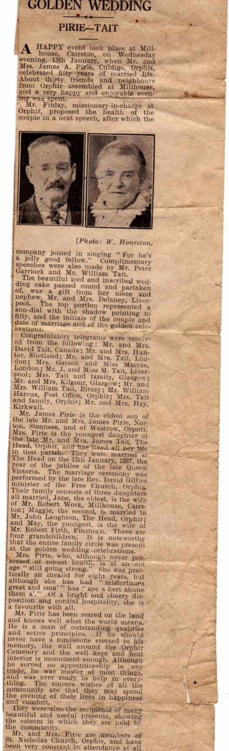Pirie-Tait golden wedding newspaper report