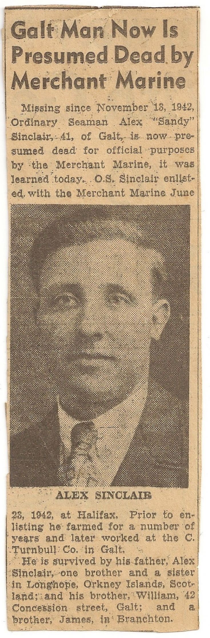 Death notice of Sandy Sinclair